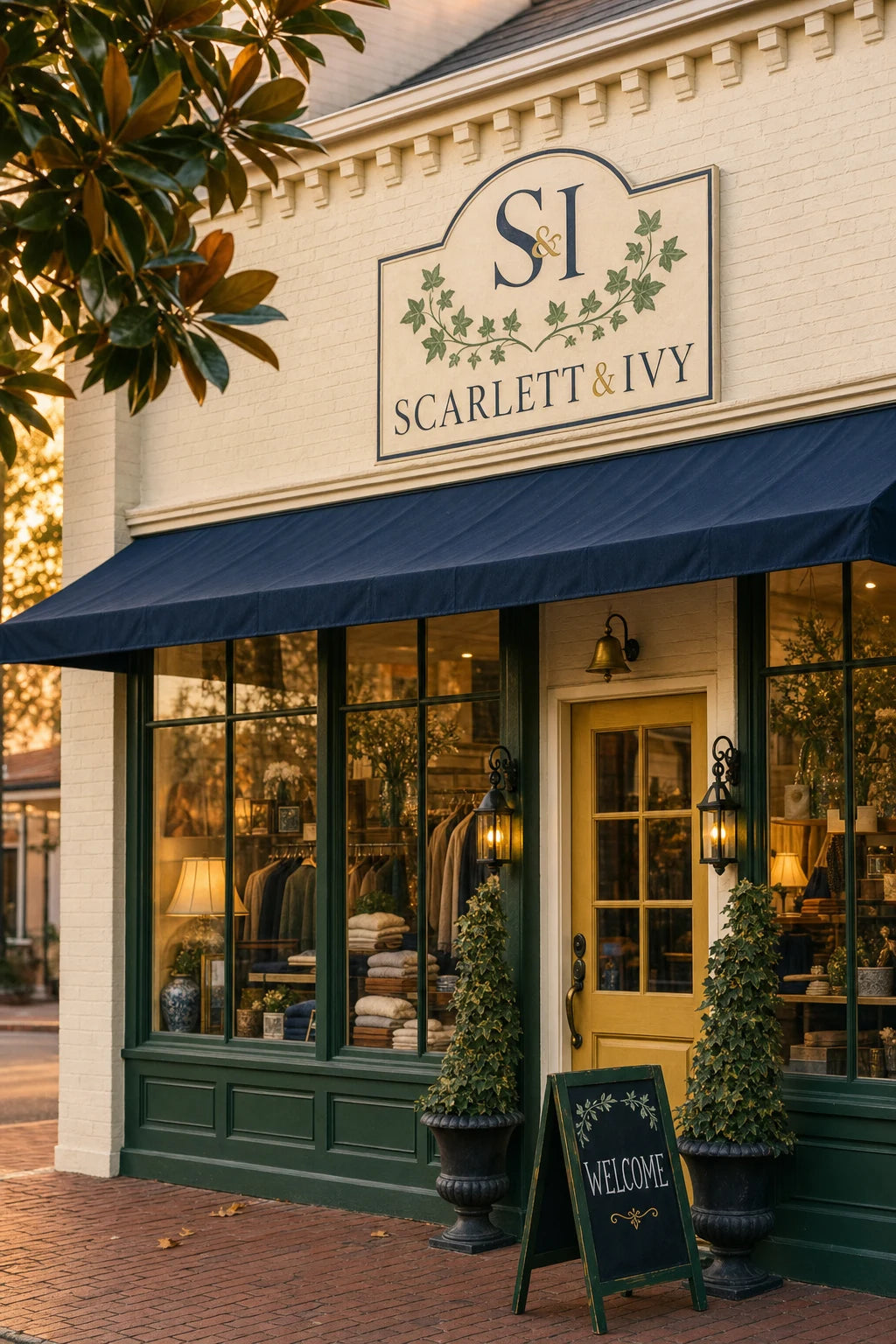 Cozy Southern storefront with a navy awning, gold door, cream brick, forest-green window trim, and warm interior light spilling out through paned windows onto the sidewalk.