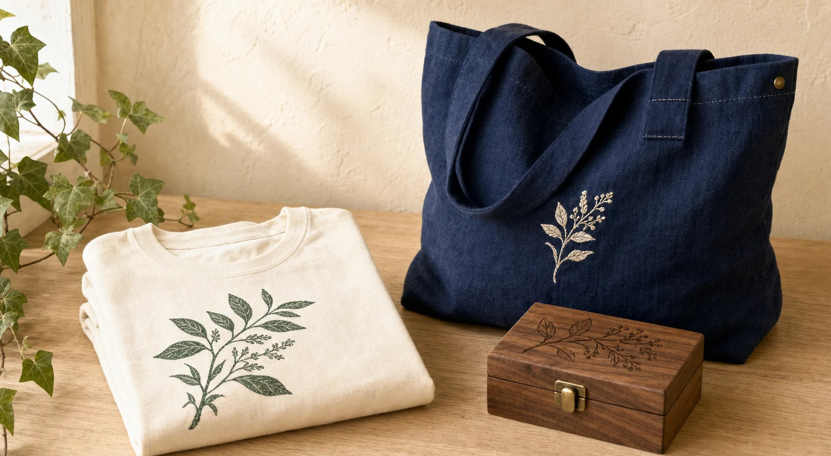 Illustrative custom-service examples: a printed cream shirt, an embroidered navy tote and an engraved wooden keepsake box.
