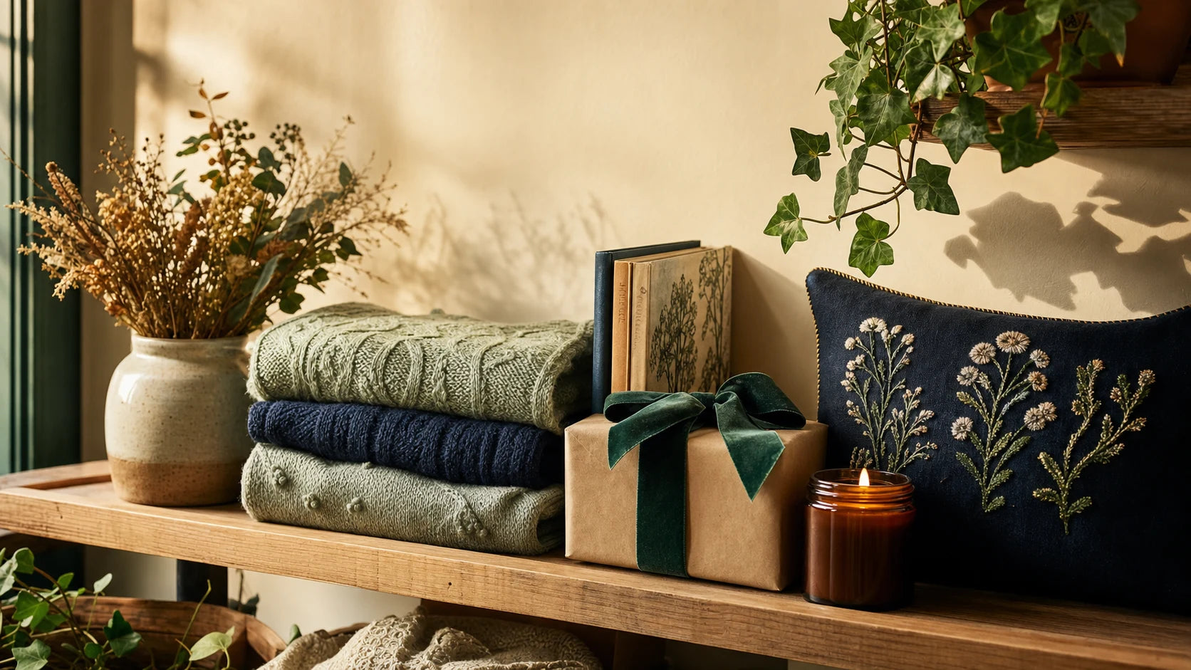 Overhead flat-lay: denim jacket, small ceramic vases with dried lavender, stack of vintage children's books, cream candle, potted ivy, and folded gingham napkins.
